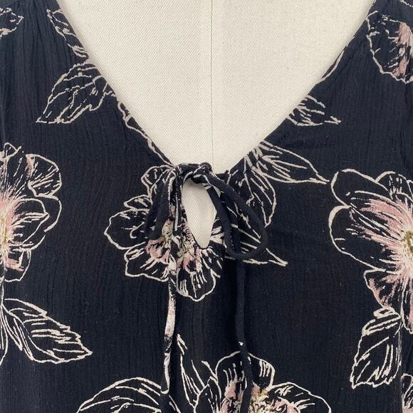 Amuse Society Floral Print Blouse Top Keyhole Tie Neckline Black Light Pink S - Picture 3 of 8